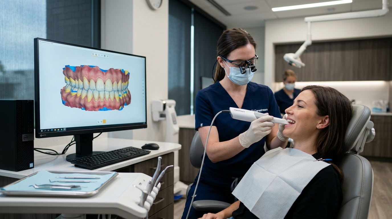 Clinician taking a digital intraoral scan while a 3D model of the patient's teeth appears on the chairside monitor