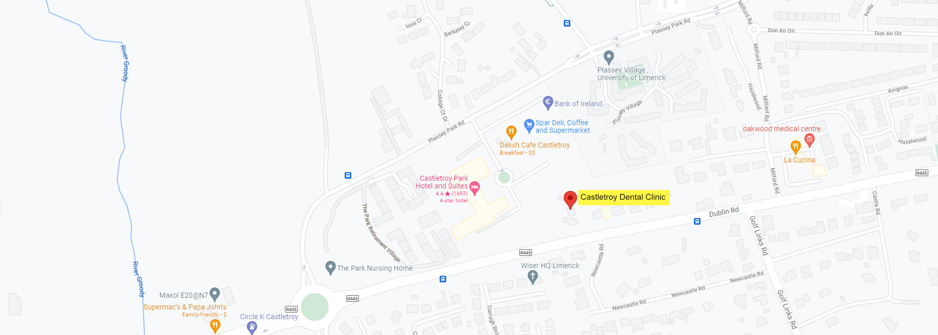 Map of Castletroy showing Castletroy Dental Clinic on the Dublin Road opposite the University of Limerick
