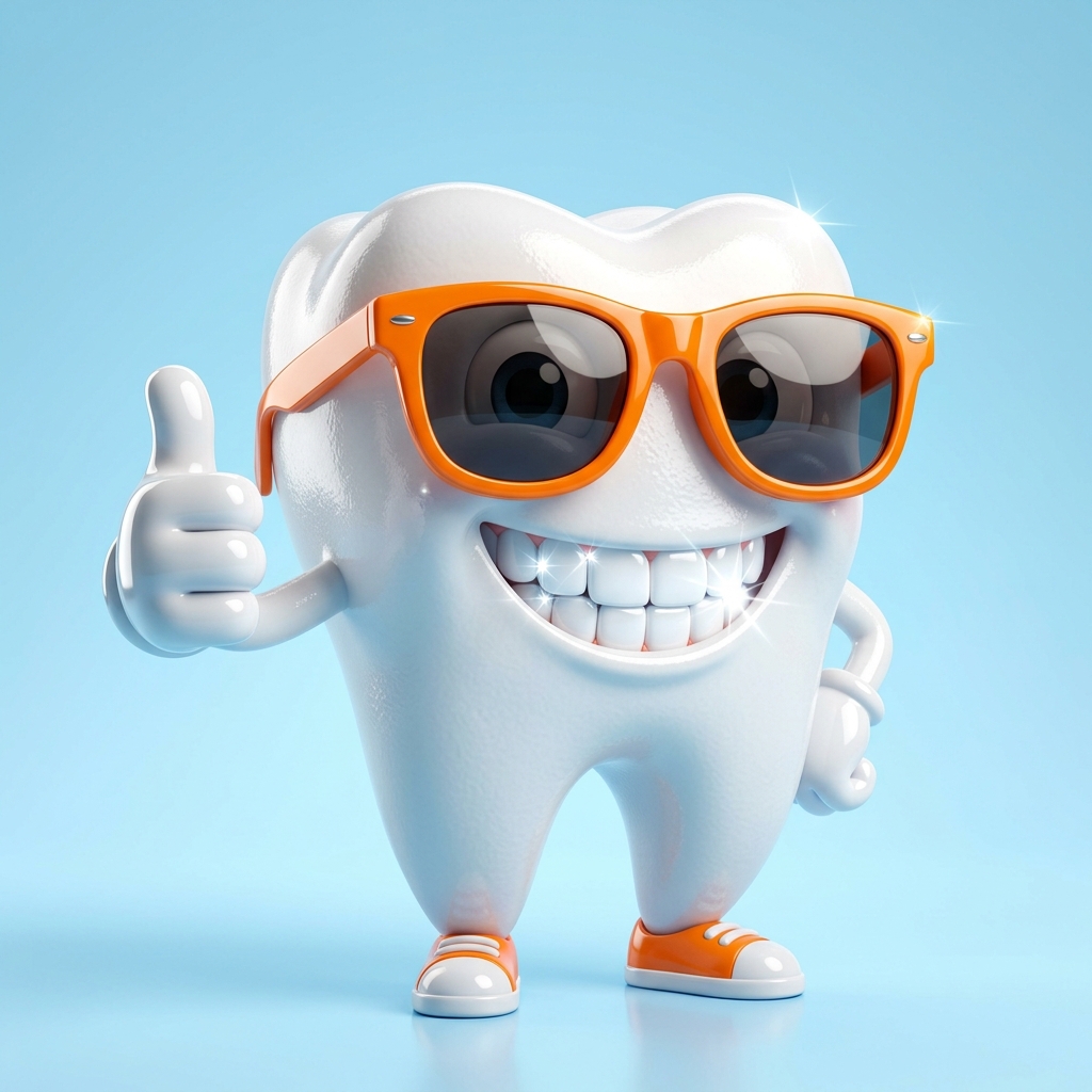 3D Happy Tooth Mascot Character with Orange Sunglasses