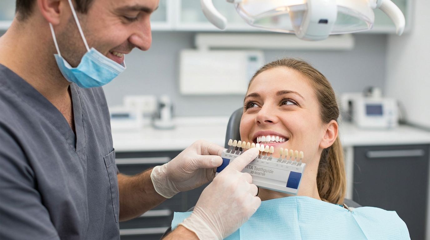 Dentist holding a porcelain shade guide against a smiling patient's teeth before cosmetic treatment