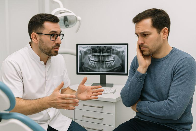 Dentist calmly explaining a panoramic dental X-ray to an anxious patient