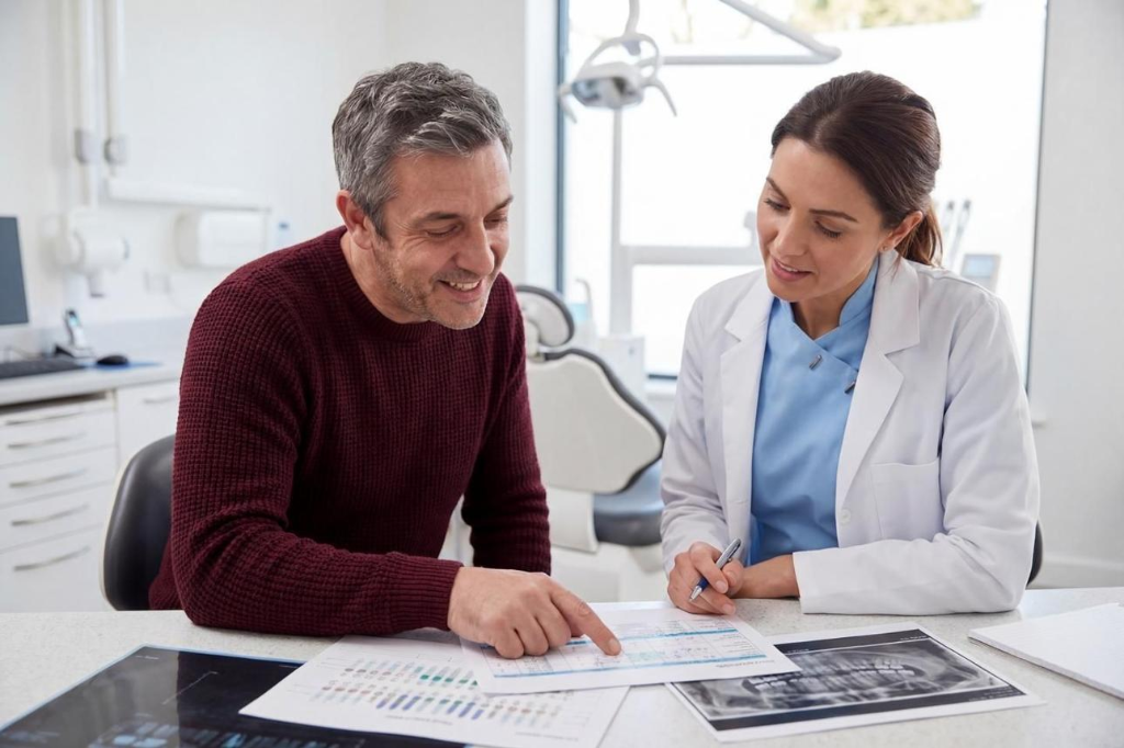 Dentist reviewing a written treatment plan and costs with a patient at Castletroy Dental Clinic